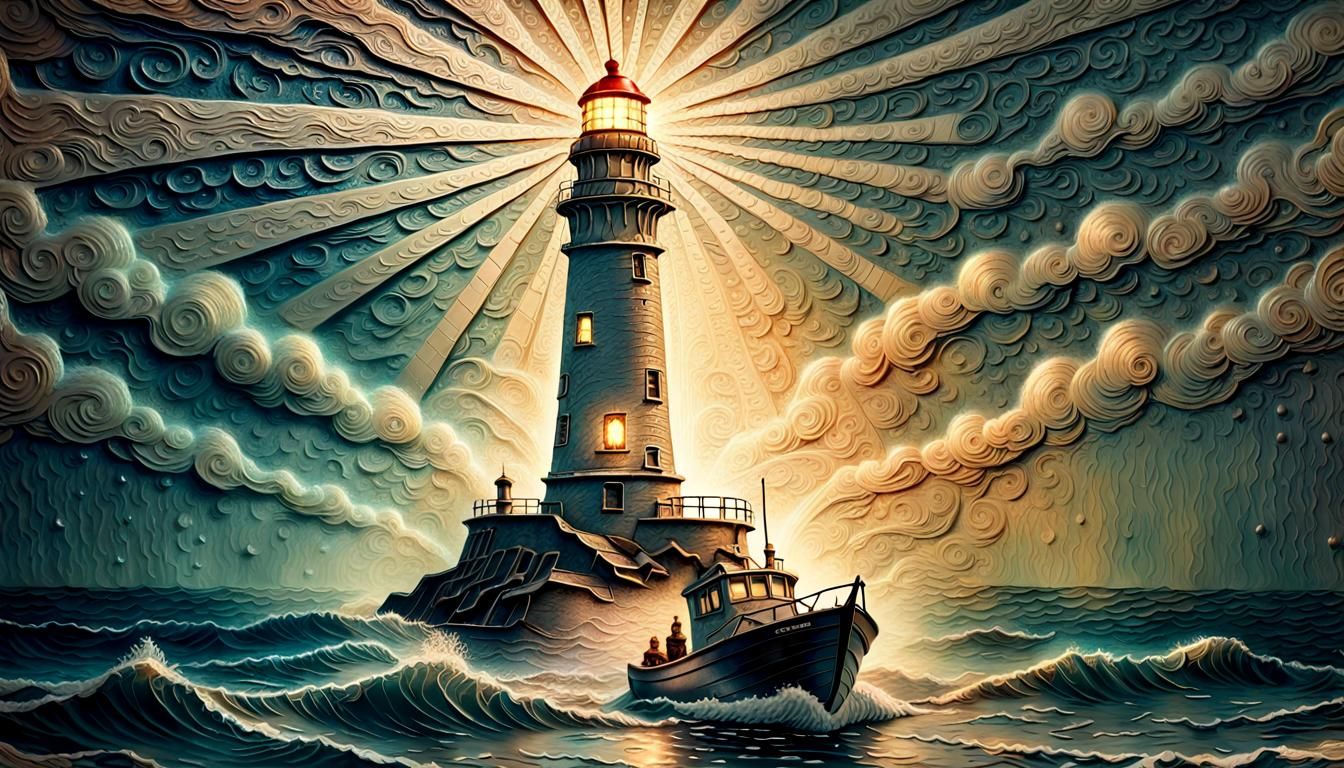 Detailed embossed vintage art of a lighthouse beaming down a light on a small boat at sea, on aged paper, ...  by @Summerchild