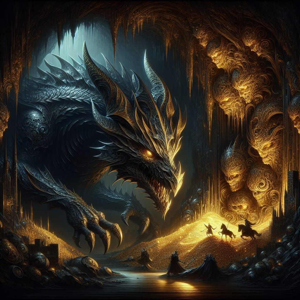 A dark dragon protects his hoard - AI Generated Artwork - NightCafe Creator