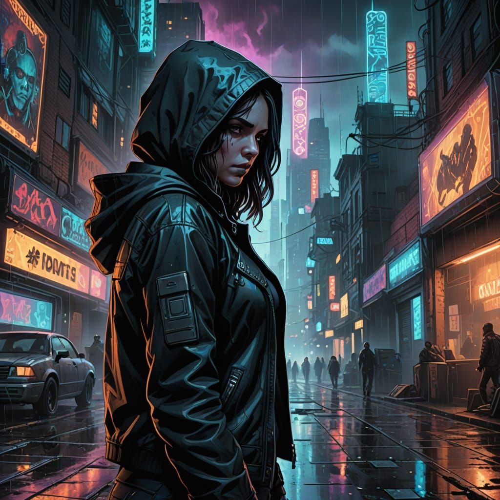 A cyberpunk hacker with glowing neon tattoos stares intensely into the camera.