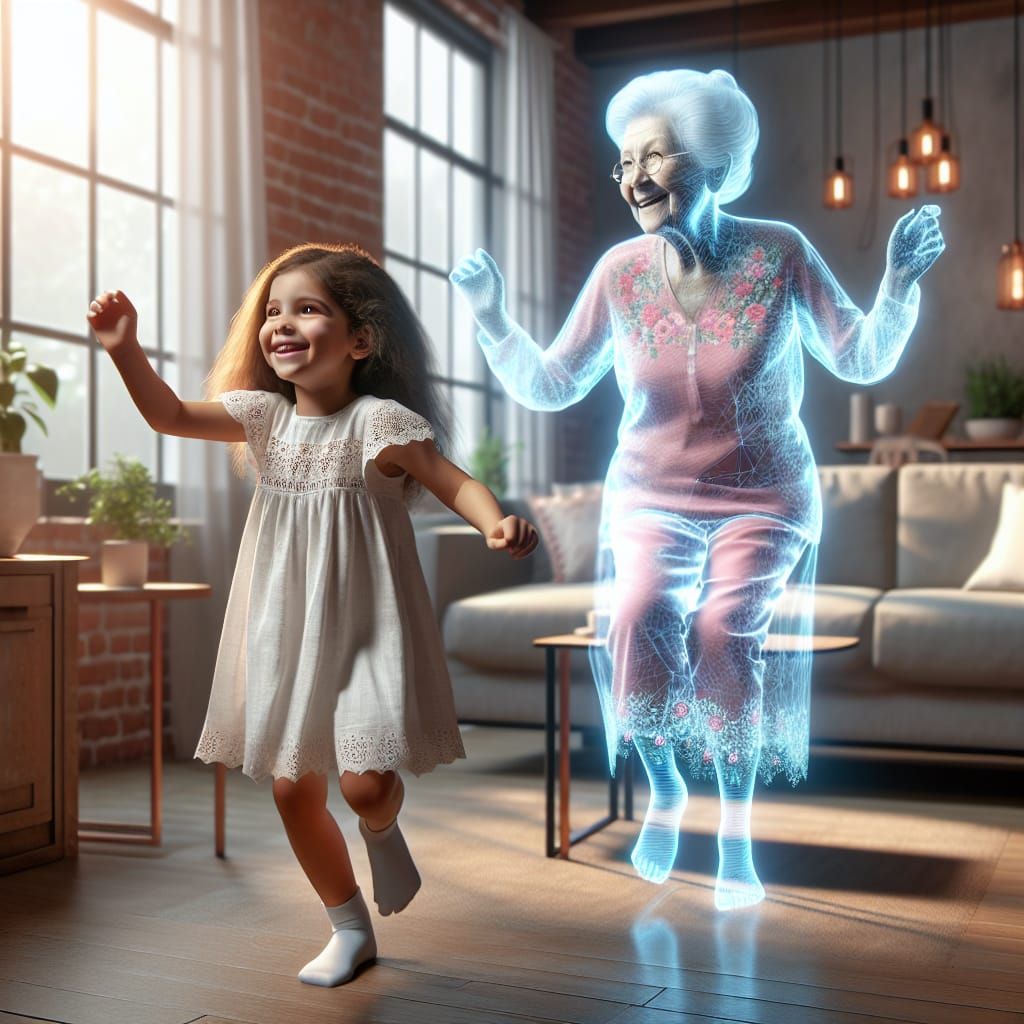  little girl dancing together with the hologram of her grandma.   by @Ylona