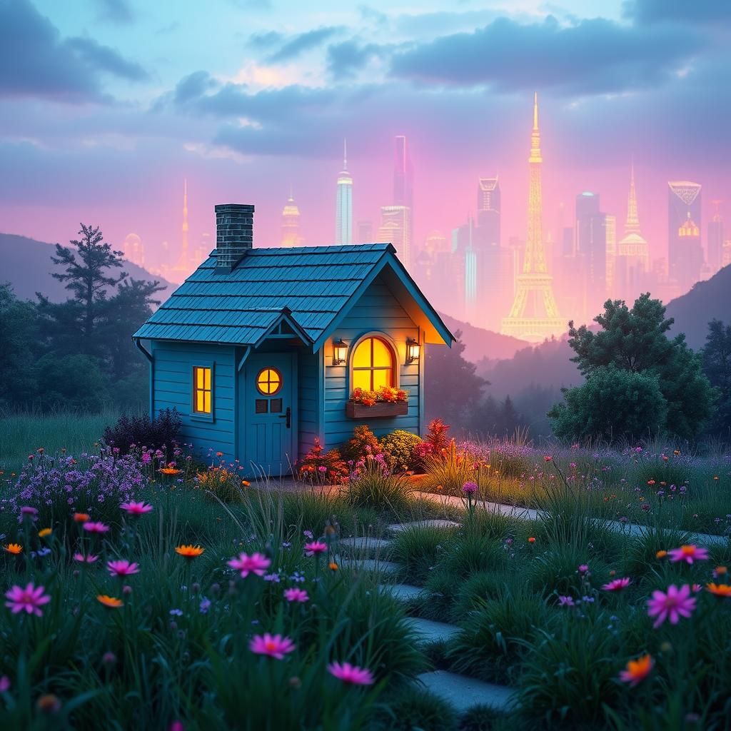 Cozy Flower Cottage in Retro-Futuristic Meadow