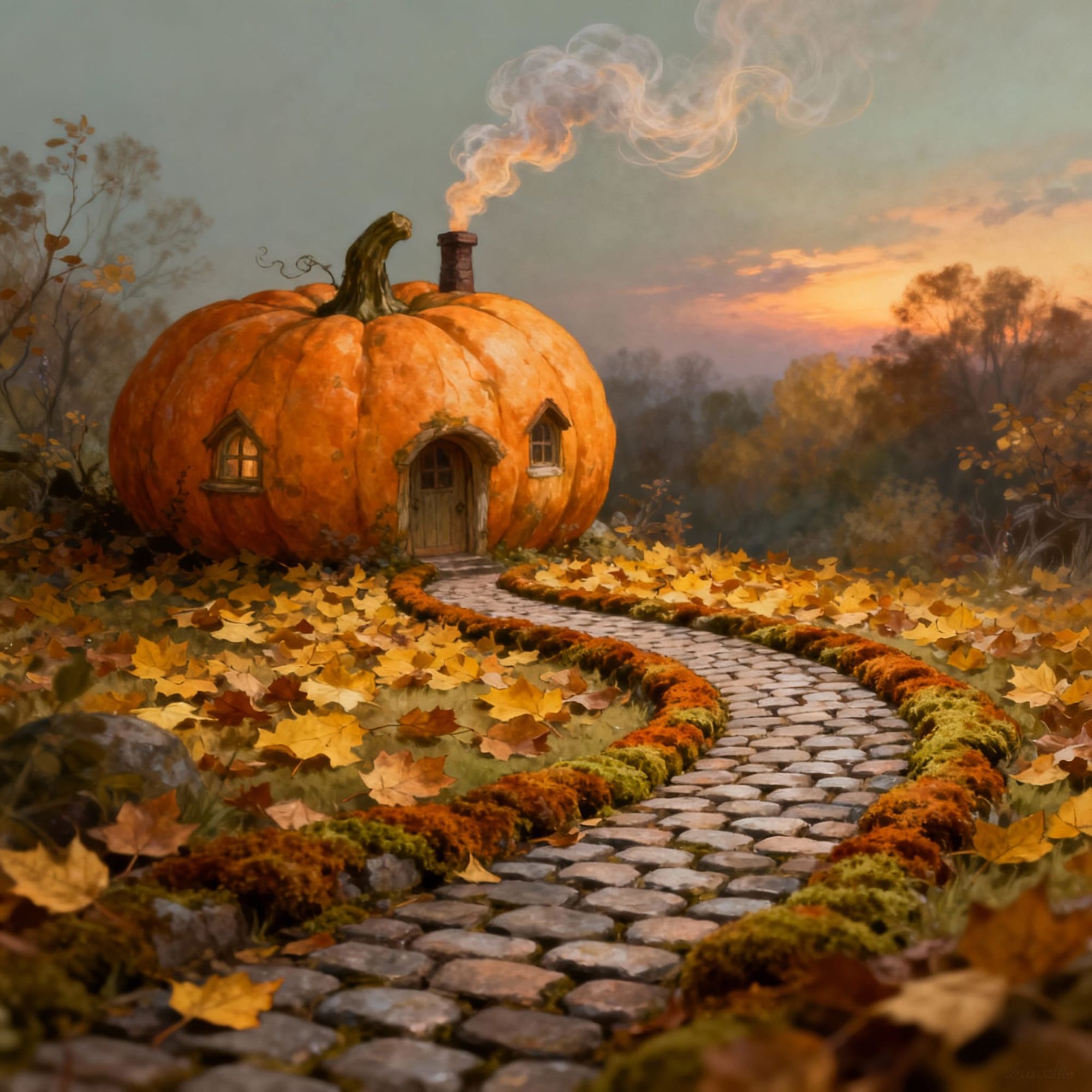 A pumpkin cottage nestled in golden leaves.
A winding path curls through amber-tinted moss.
Smokestack gently exhales wisps into twilight.