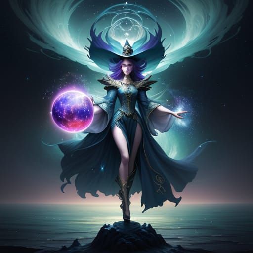 Concept art. A whimsical woman with flowing robes and a pointed hat, holding a glowing orb, standing on a floating island. Below her, a swir...
