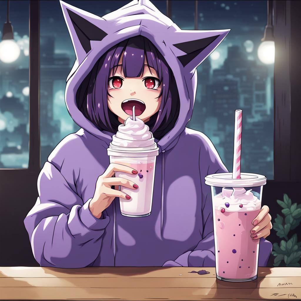 Girl wearing funny Gengar onesie drinking a milkshake