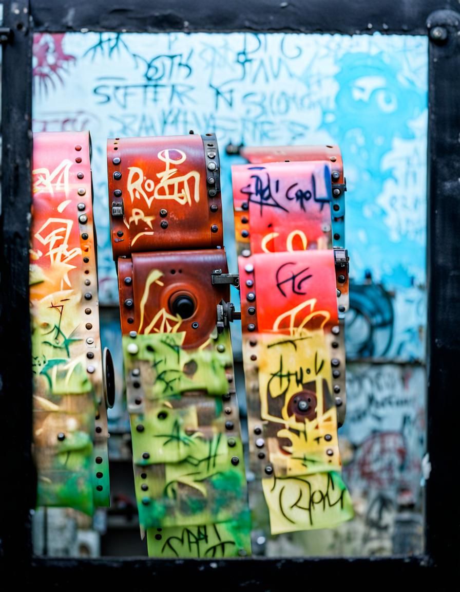 System camera film reels with tags and graffiti on but in a ...