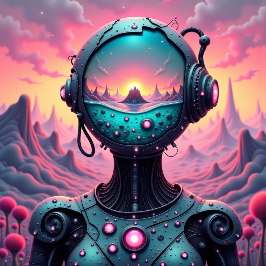 Oceanic Android with Glass Head: Hyperrealistic is A striking picture of a futuristic robot with a glass head. Inside, a miniature ocean eco...