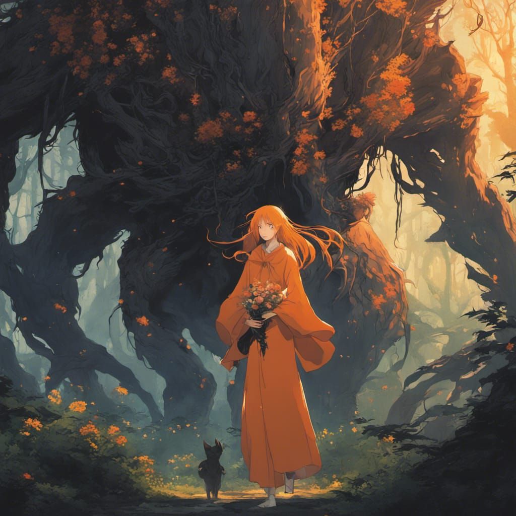 serious woman long bright orange hair fantasy saint with lar...
