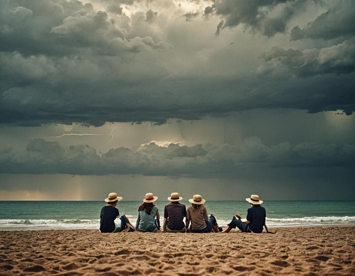three people in sun hats sitting at the beach in Spain under sun umbrellas, high resolution, cinematic style, eye level view, sea in the bac...