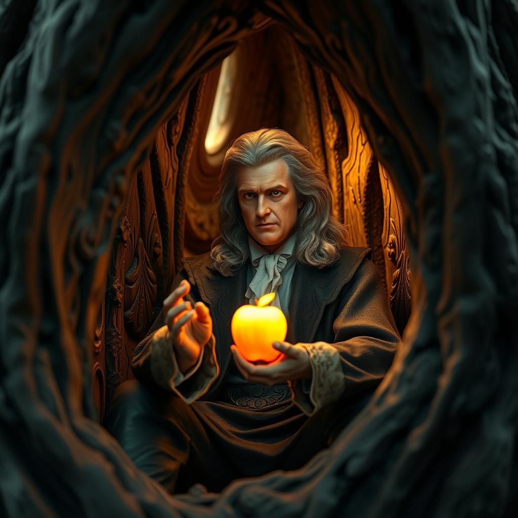 Wood carving inside a tree, Isaac Newton and the apple. 3d shading, depth of field, intrincated details, polished, Sharp focus, volumetric l...