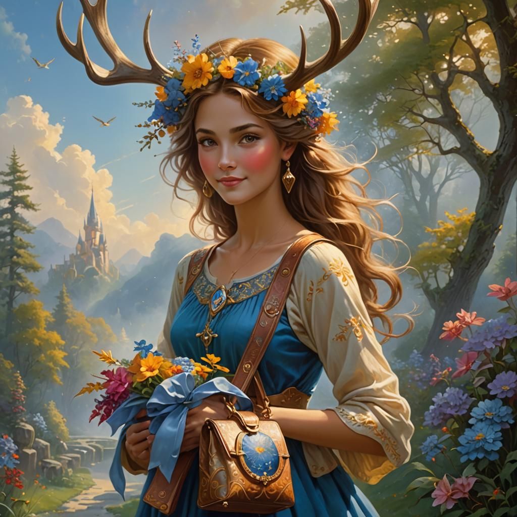 a beautiful antlered tawny-gold human woman with human head and human features cheerfully carries a decorative ...  by @Candy