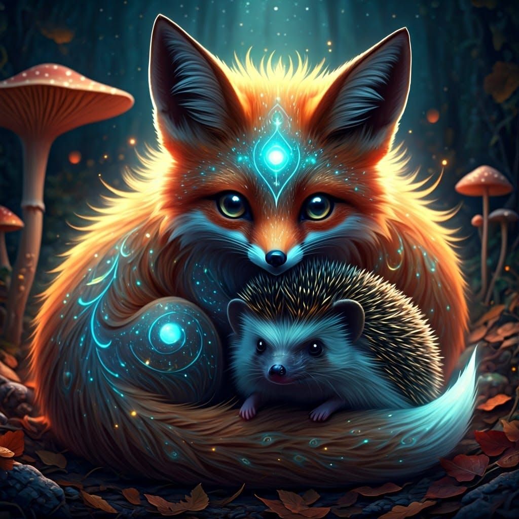 Cute tiny pheonix fox covered in glowing astral tattoos and big glowing eyes curled around a hedgehog ...  by @Summerchild
