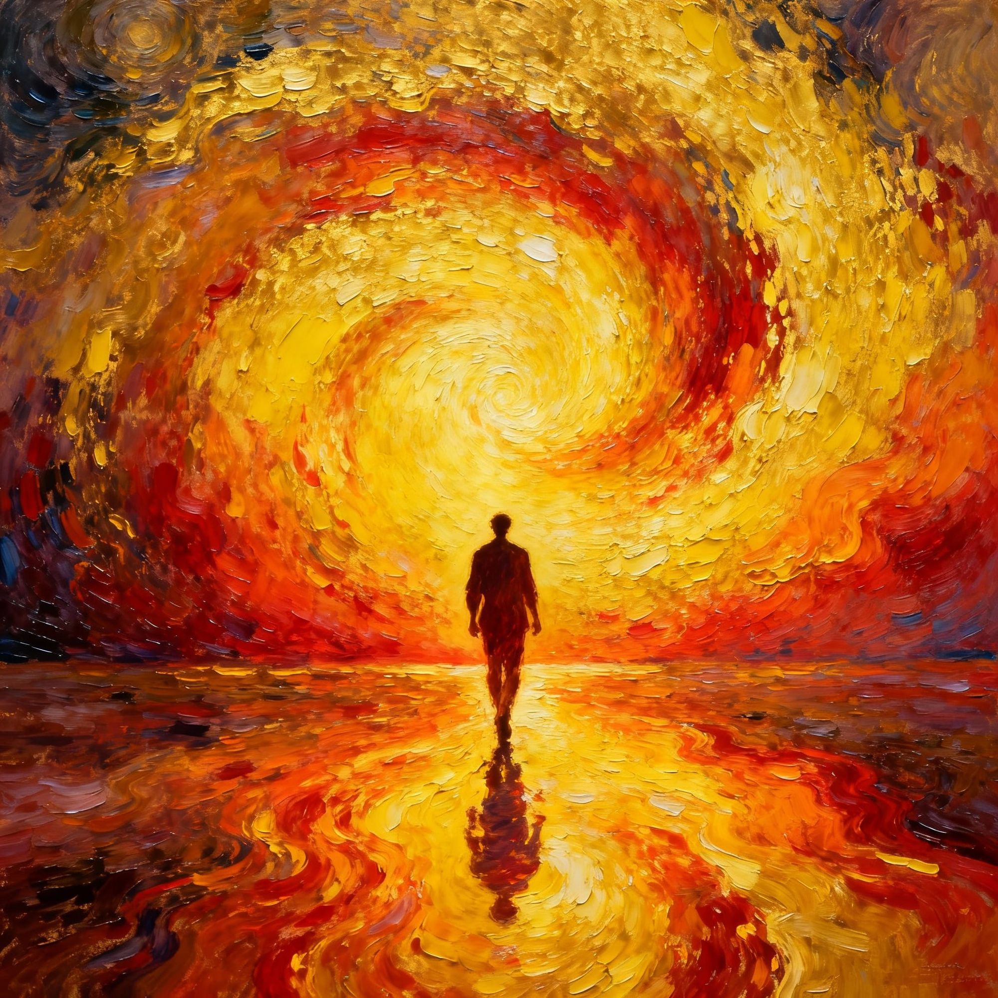 A solitary human silhouette walks toward an enormous swirling vortex of golden and fiery light. The scene is filled with intense energy, as ...