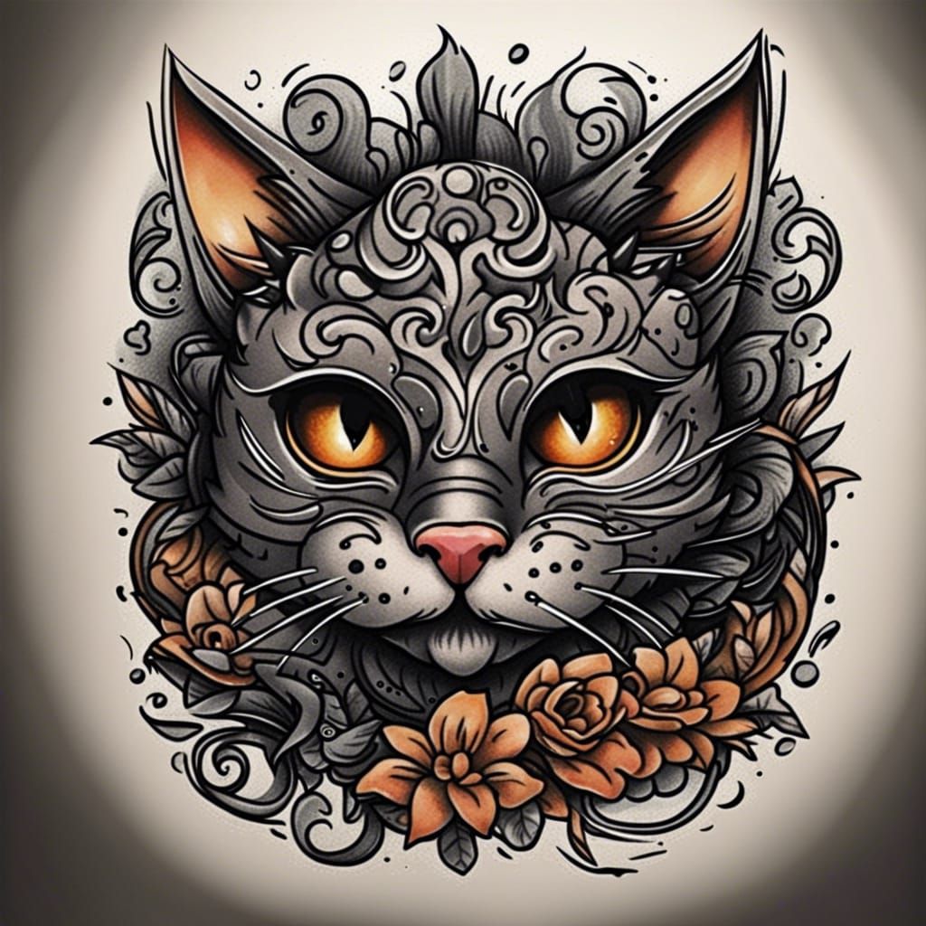 cartoon cat tattoo idea, pen ink - AI Generated Artwork - NightCafe Creator