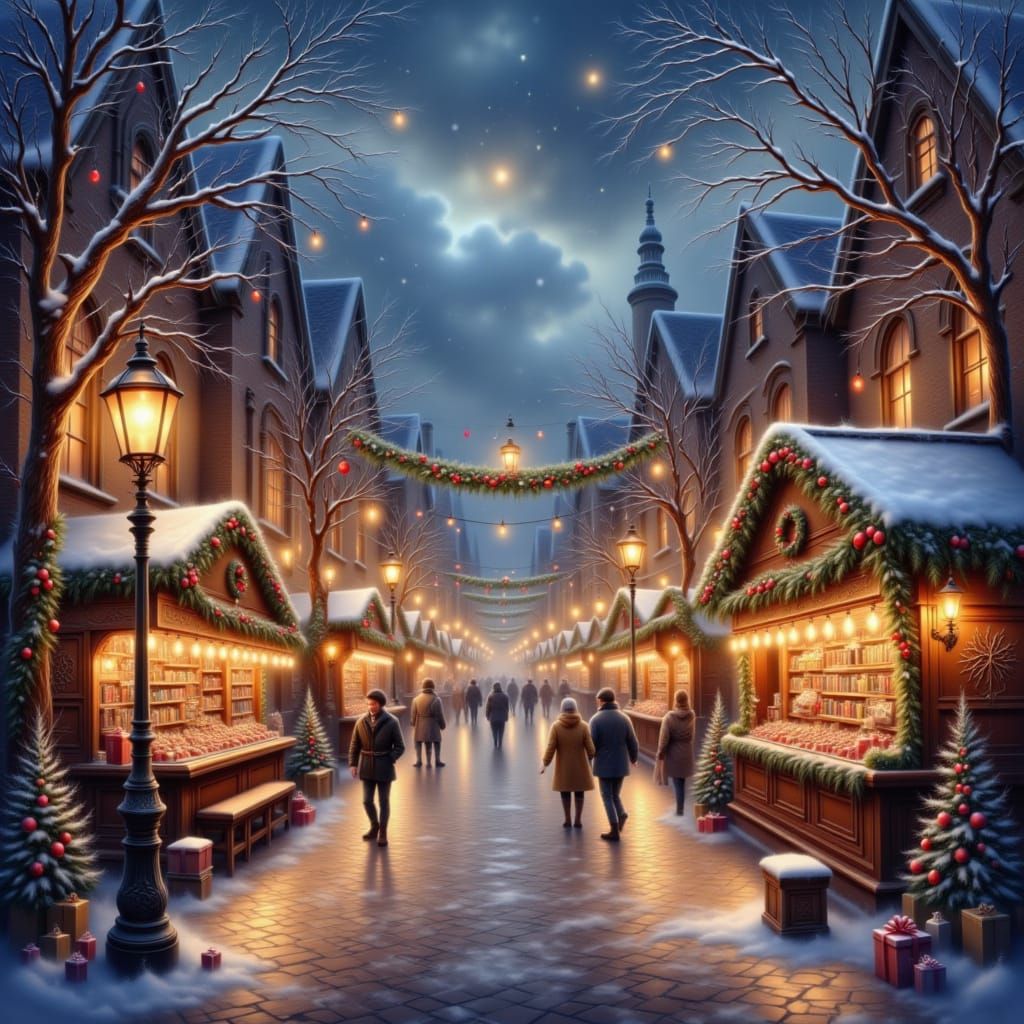 <lora:Christmas Glow 1-02:1.0> Festive town square with Christmas market stalls and twinkling lights