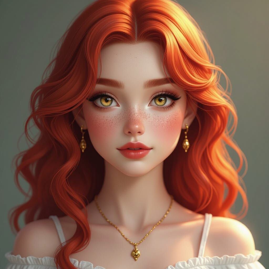 Pretty girl with ruby red hair, gold freckles, and gold eyes
