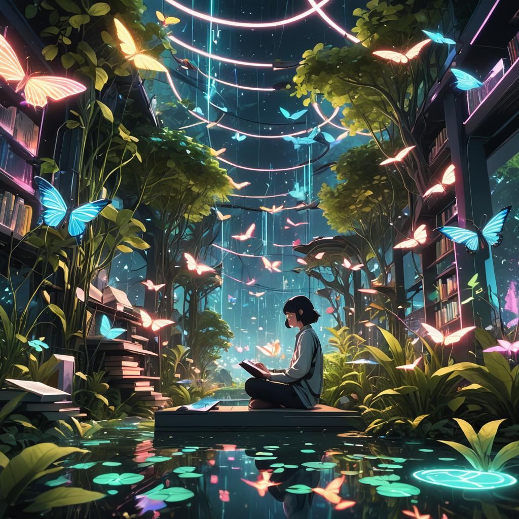 Nature-tech-fusion art style of digital consciousness in a garden with books and birds by rivers. Add technological progress to natural scen...