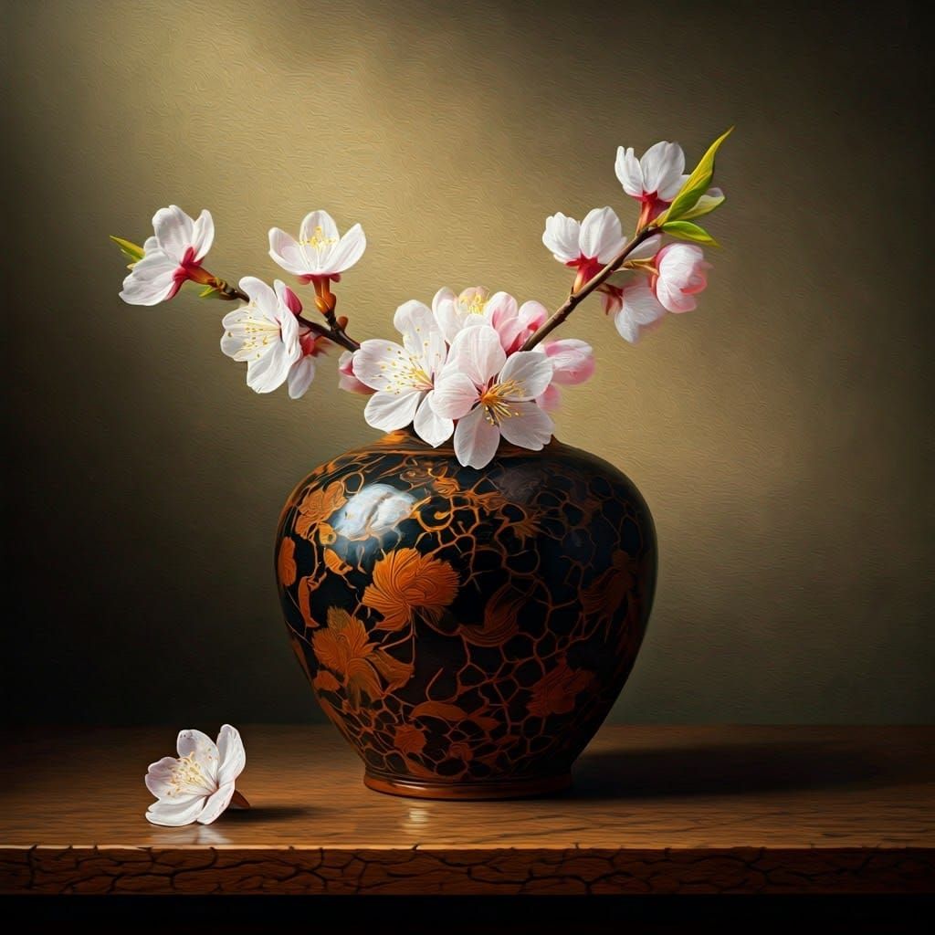 a still life in oil paint of refined frosted Cherry Blossoms...