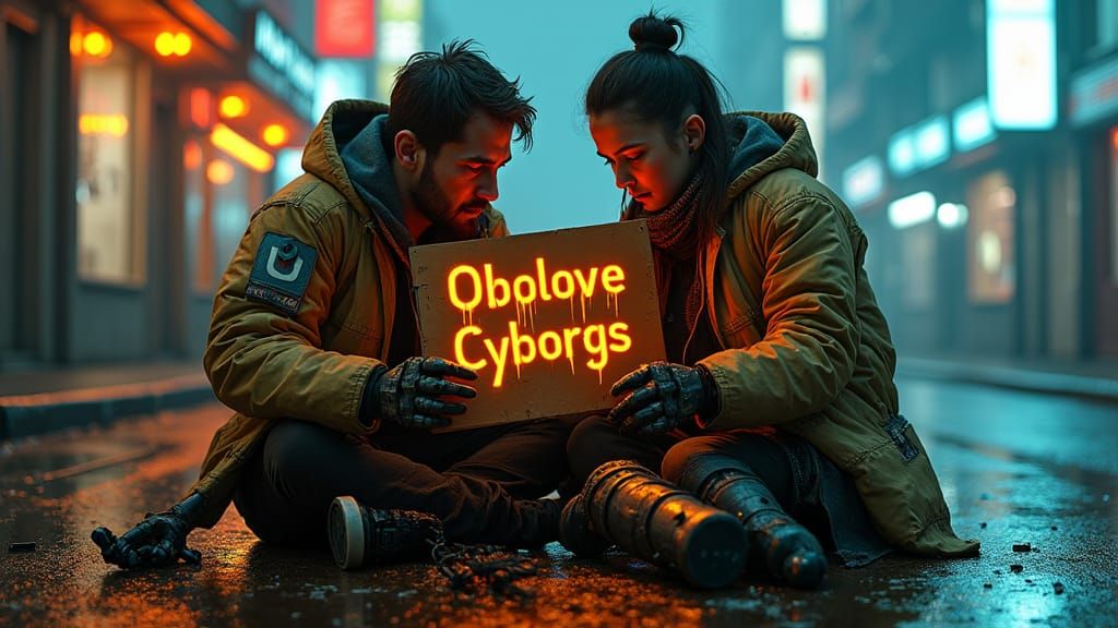 a man and a woman, with several broken futuristic prostheses needing repair, begging on the street, holding up a sign  that reads "Obsolete...