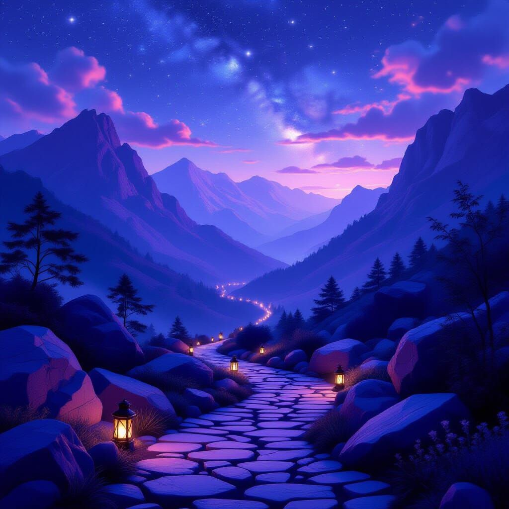 Dreamy Valley Path Under Starry Sky