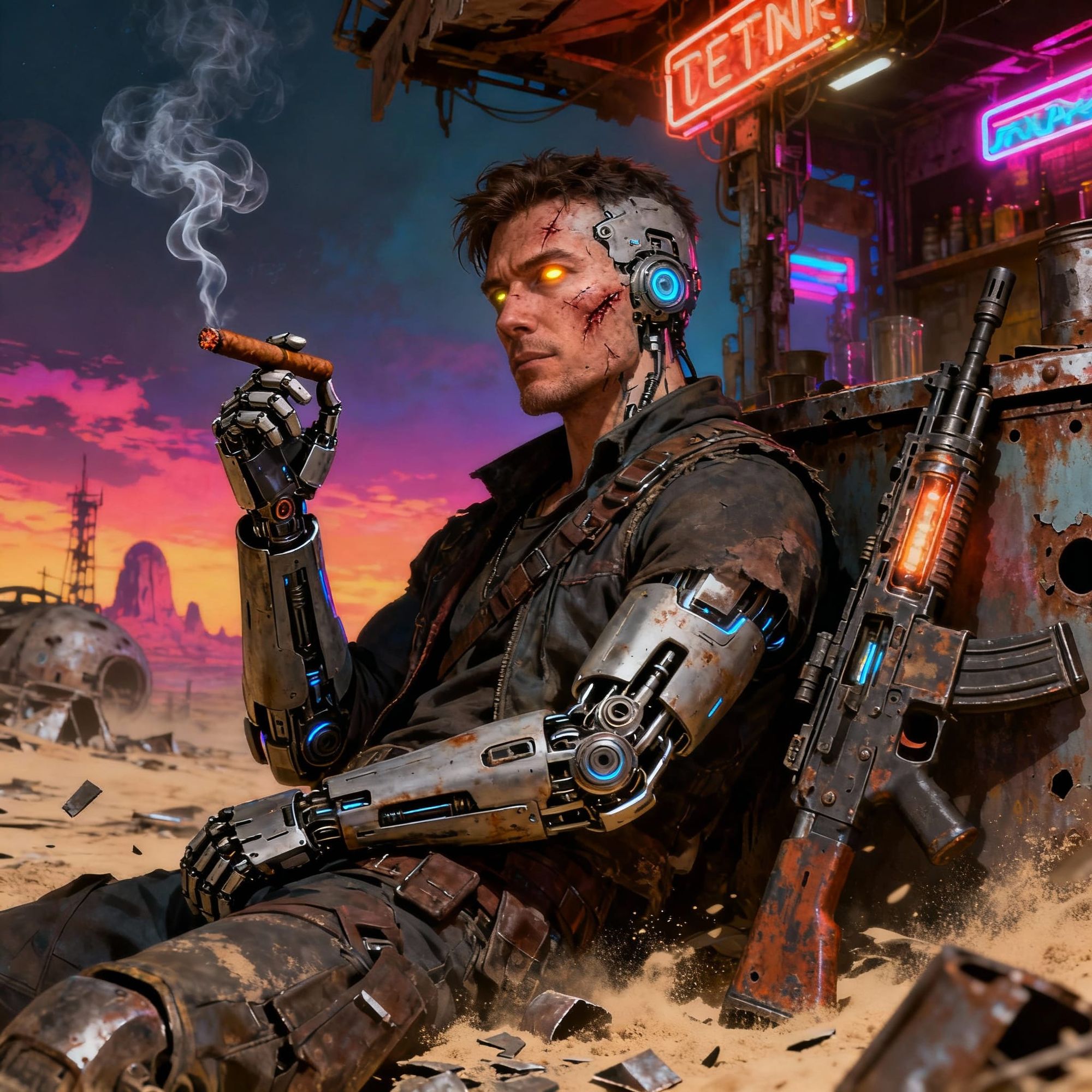 On a distant post-apocalyptic planet, amid the ruins of a forgotten civilization, stands a rugged tavern made of scrap metal and old ship pa...