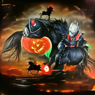 Headless Horseman With A Pumpkin Head Riding On A Black Hors...