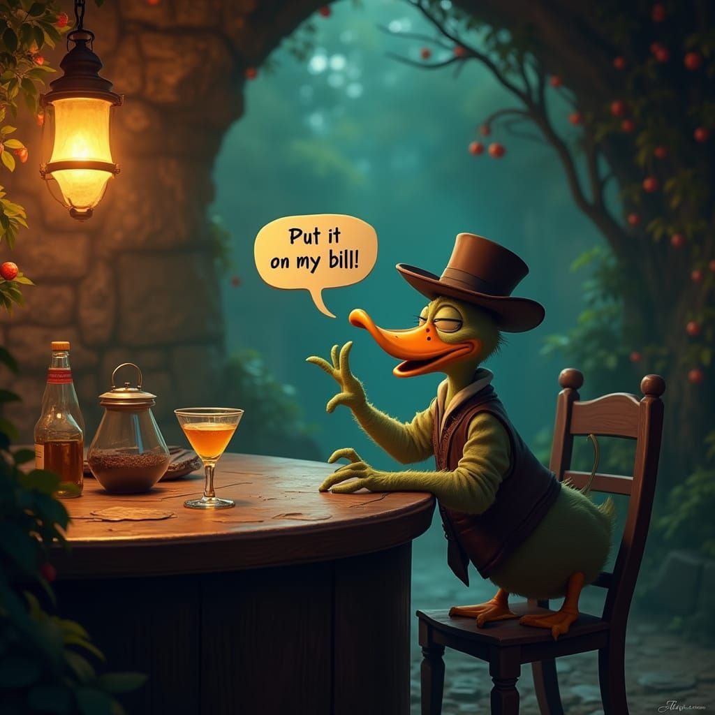 The duck said to the bartender: "Put it on my bill"