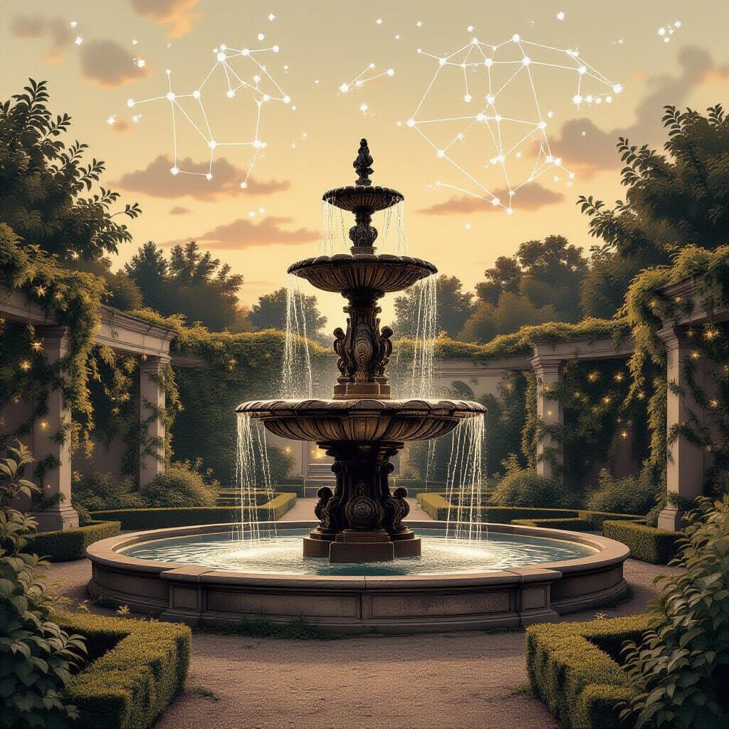 a holy fountain in the park arounded by birds and fairies - Start Image 1