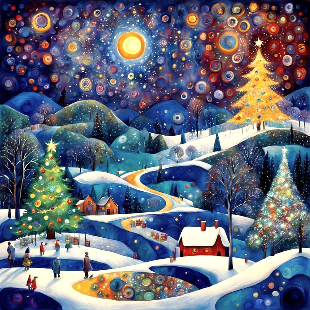 Winter Night Christmas Scene in Vibrant Abstract Art