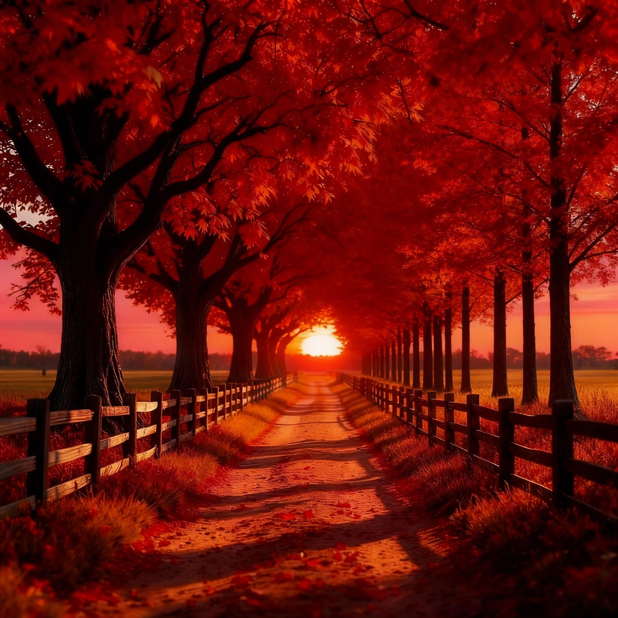 A dirt path lined with big maple trees and a split rail fence on both sides in autumn
