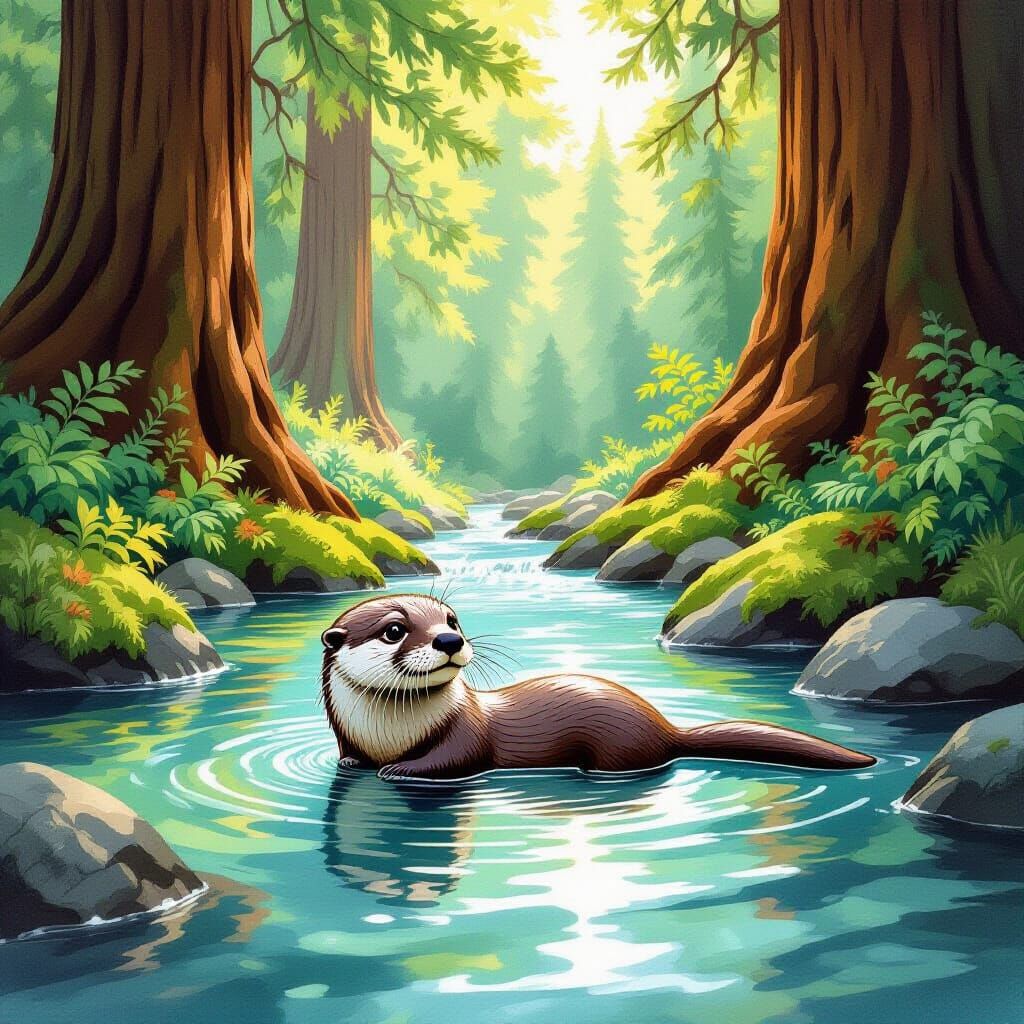 Imagine a playful otter frolicking in a crystal-clear stream, surrounded by towering redwood trees and ...  by @CavDad 
