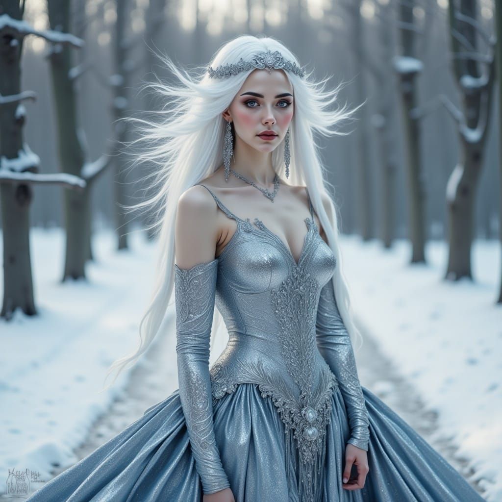 <lora:Icy Intensity:1.0> Woman in a silver full gown, metallic shine, young woman in a winter landscape, in a silver and blue gown, beautifu...