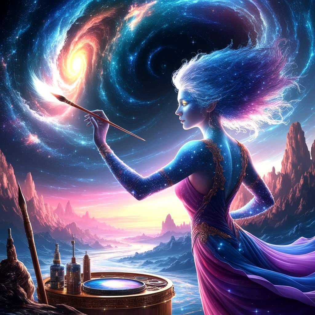 A celestial artist with a brush made of starlight paints a masterpiece across the night sky, creating swirling galaxies and vibrant nebulae....
