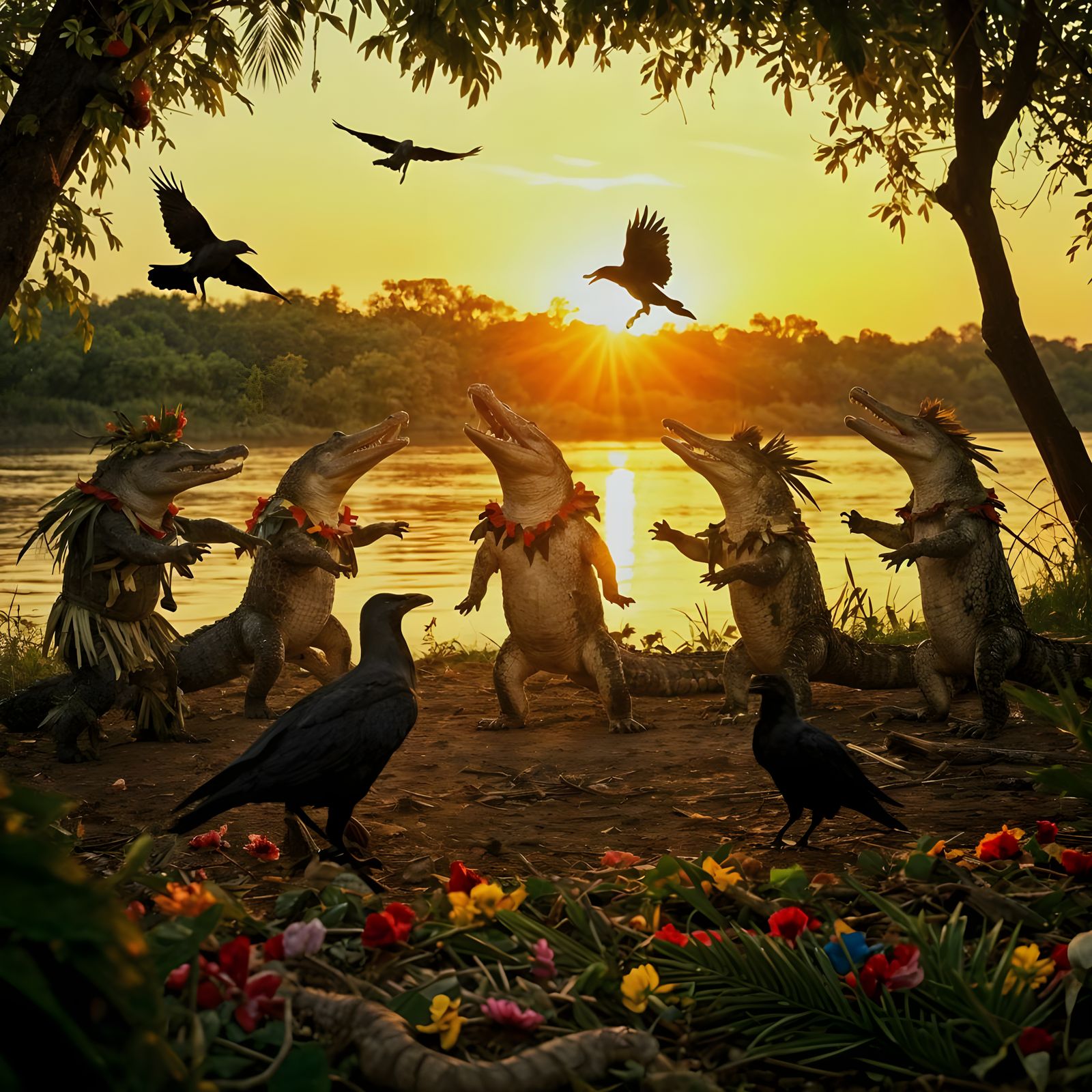 Crocodiles and crows having a big dance party outside near a river