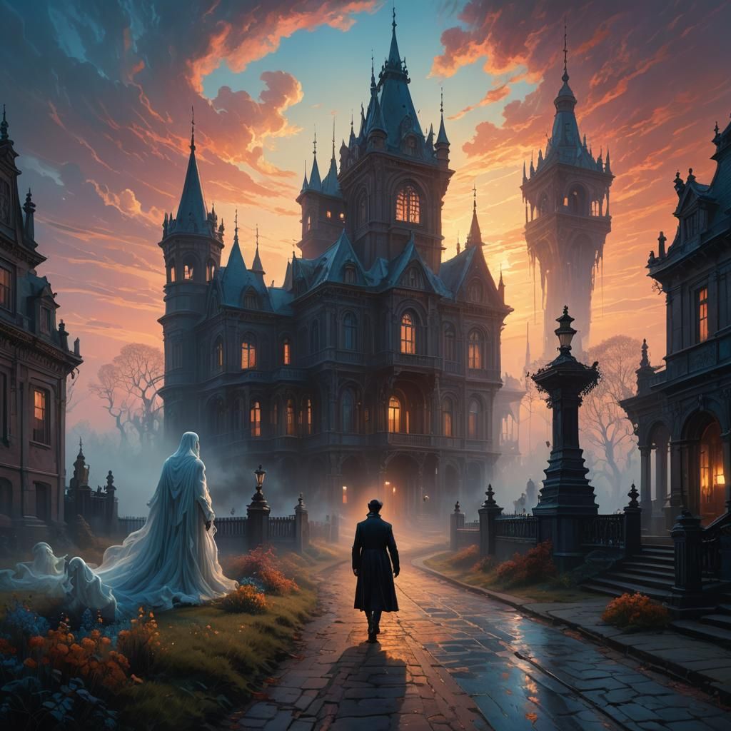 High Fantasy epic ghost following a person, scenic sunrise background, high detail, high quality, correct anatomy, a masterpiece, 8k resolut...