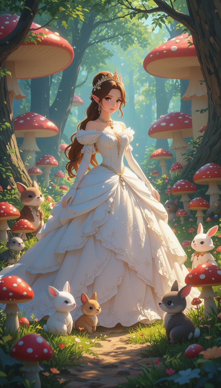 Princess and Elves in Enchanted Mushroom Forest