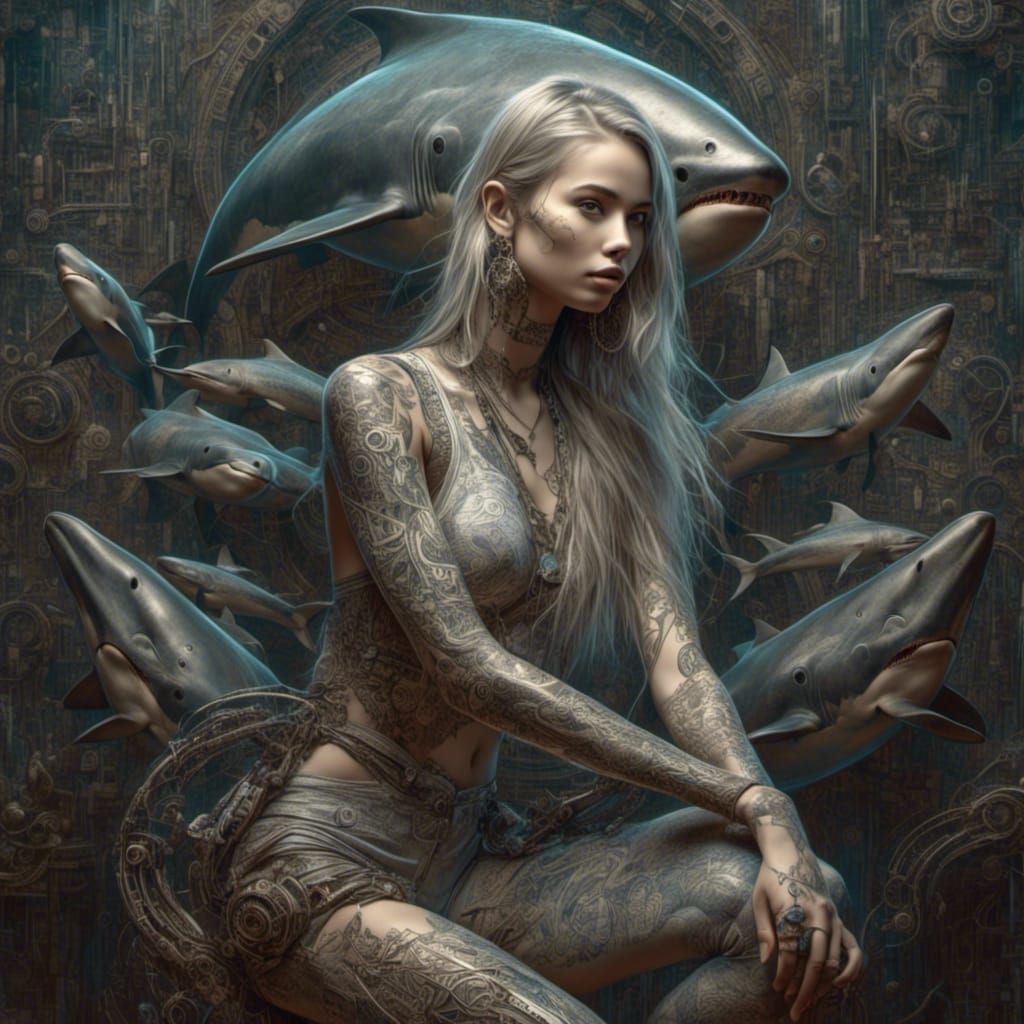 "a shark based cyborg young woman with dolphin tattoos, taup...