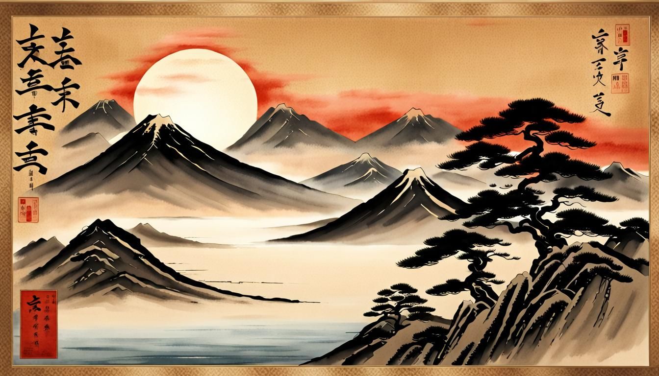 Rising Sun, traditional Japanese painting, kanji