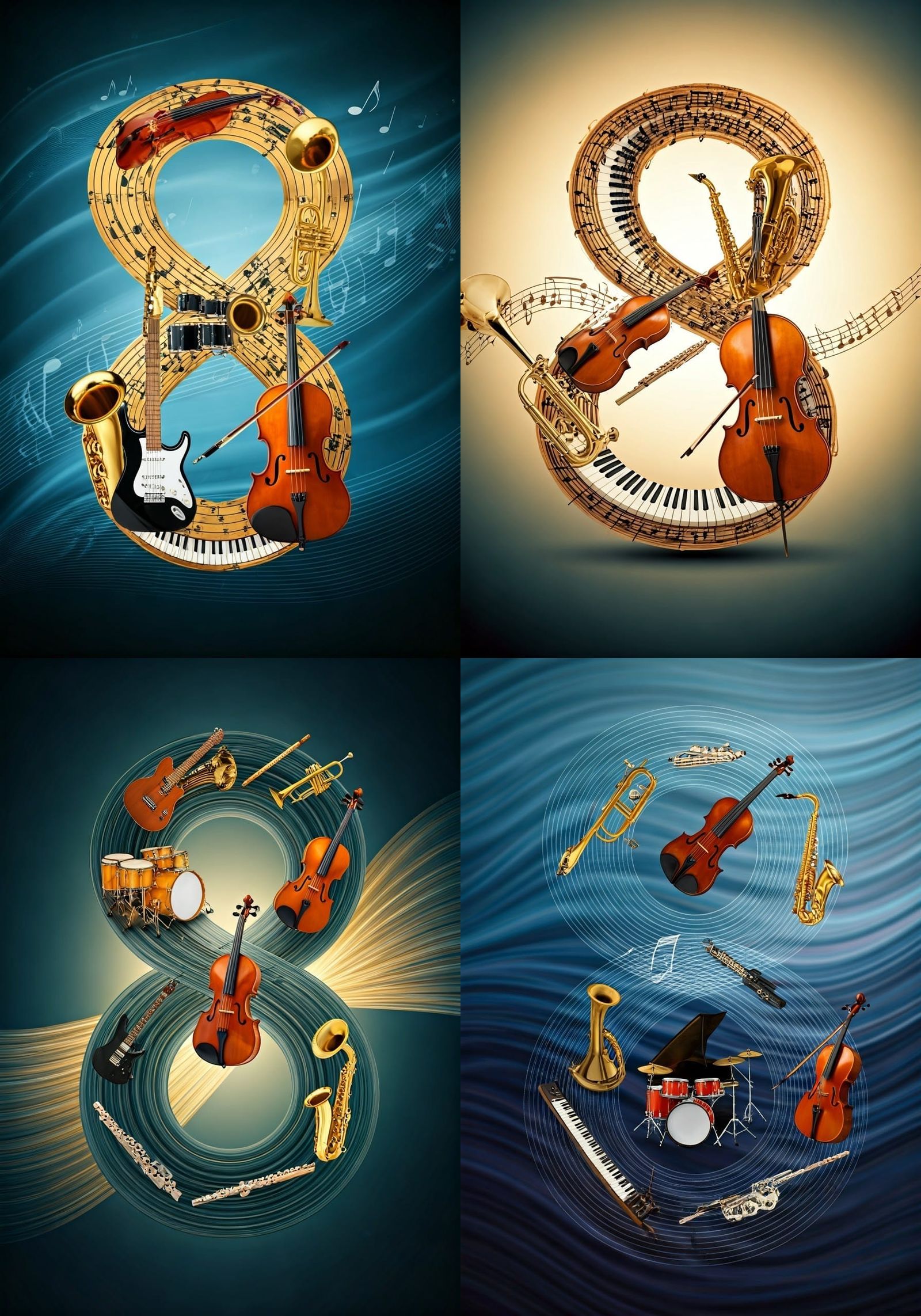 Eight musical instruments—grand piano, violin, trumpet, saxophone, drum set, electric guitar, flute, and cello—arranged ...