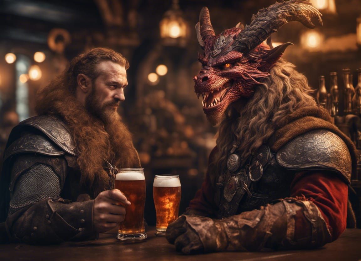red eyed medieval celtic dragon and a Viking drinking a pint...
