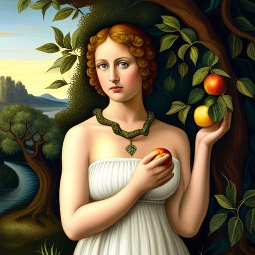 Eve holding an apple near the Tree of Life with the snake and nay