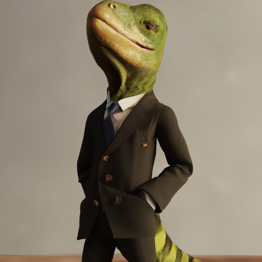 Cute Reptile wearing a suit, me, 90's 3D, 2023
