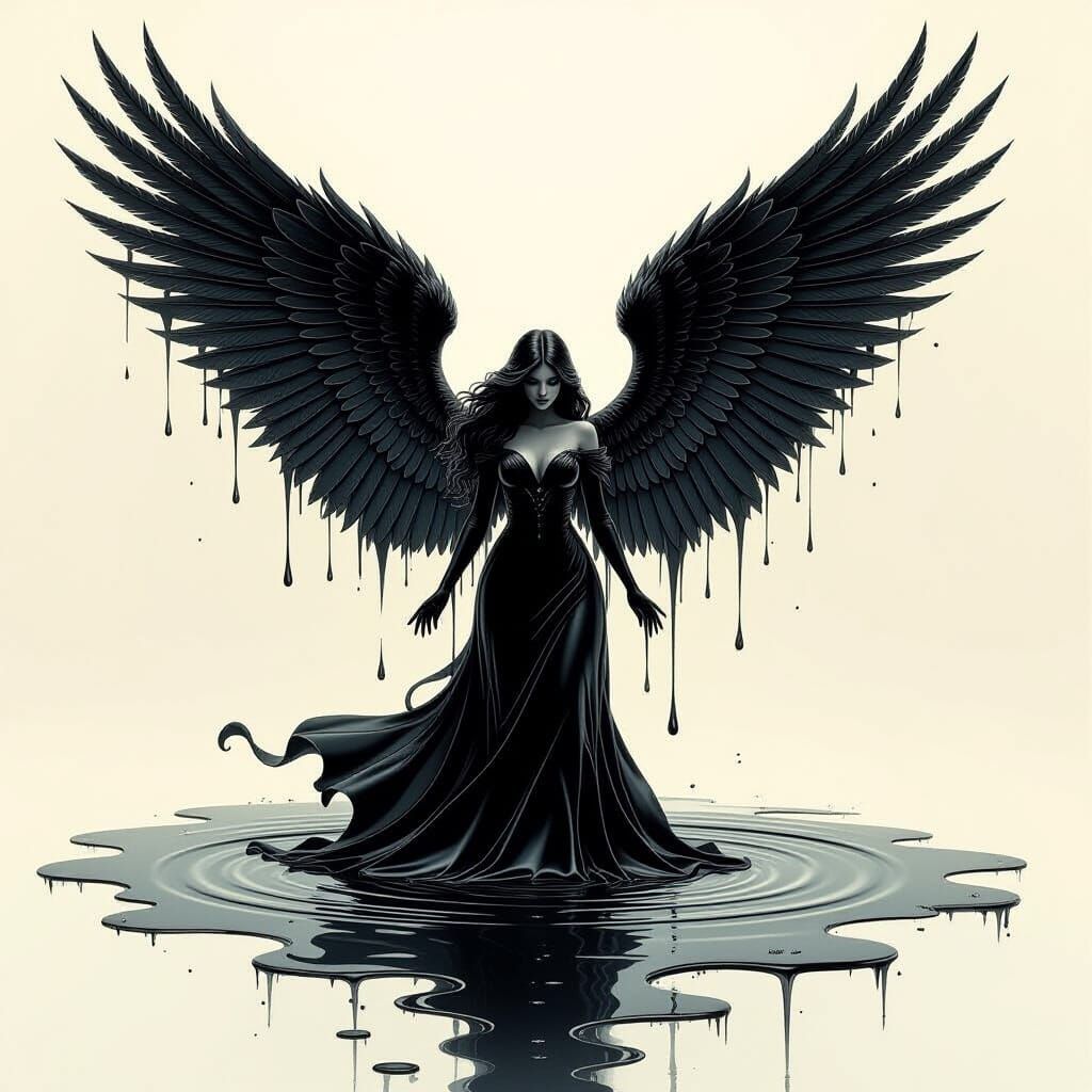 On a sheet of paper, a fountain pen leaks black ink. From the spreading puddle rises a majestic angel made of liquid ink, with enormous feathered wings unfolding in intricate detail..