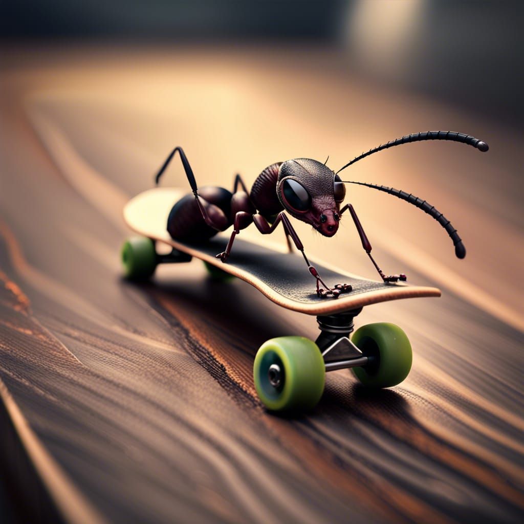 ant riding a skateboard