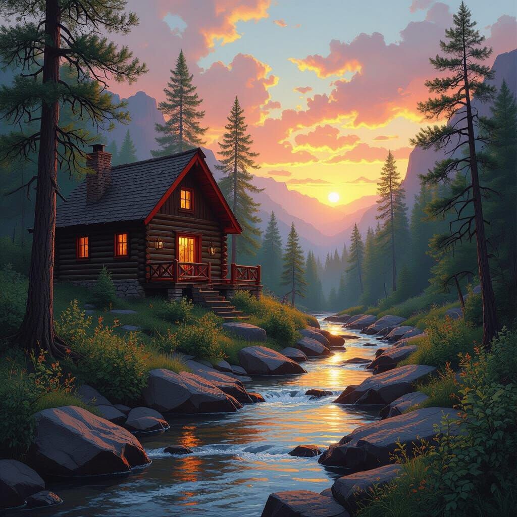 A Red trimmed Log Cabin in a treed Canyon with a creek running down below facing the eastern sunrize