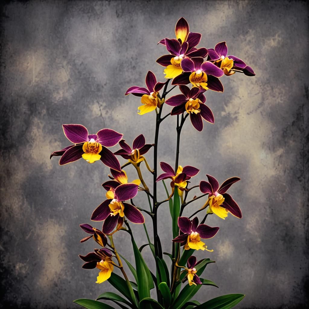 A beautiful deep dark purple and firey yellow flower range o...