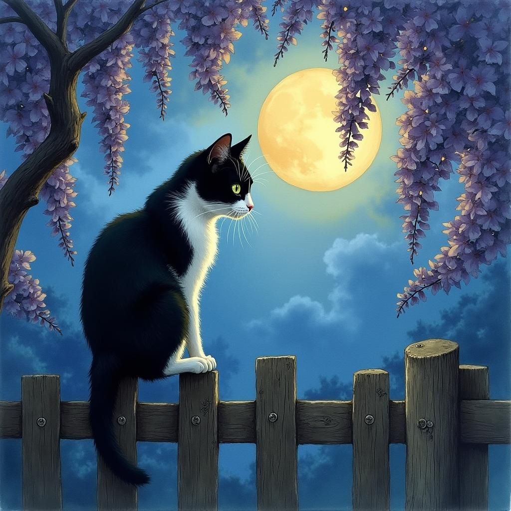 Cat in Watercolor Style Under Dreamy Sky