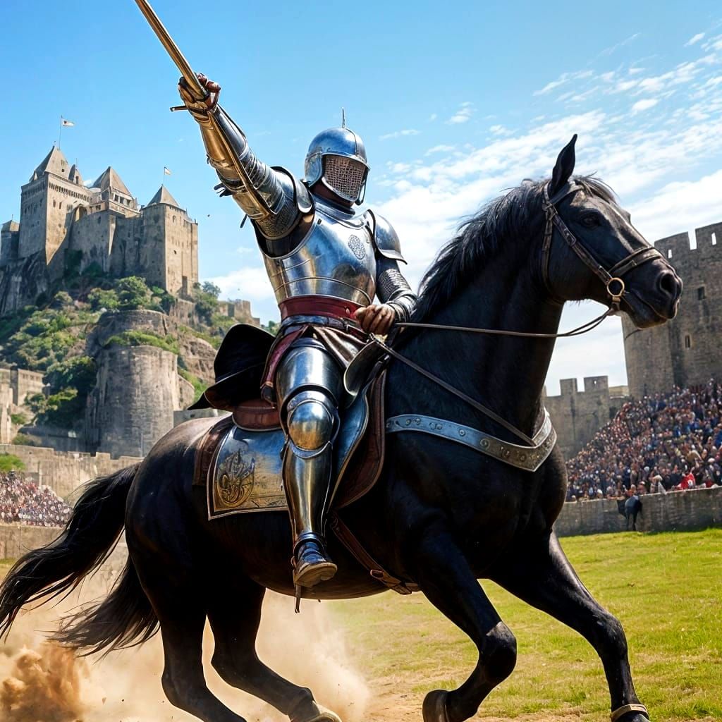 Medieval knightly tournament against the backdrop of a fortress. Heavy horses with armored riders crash into each other at high speed. Spear...
