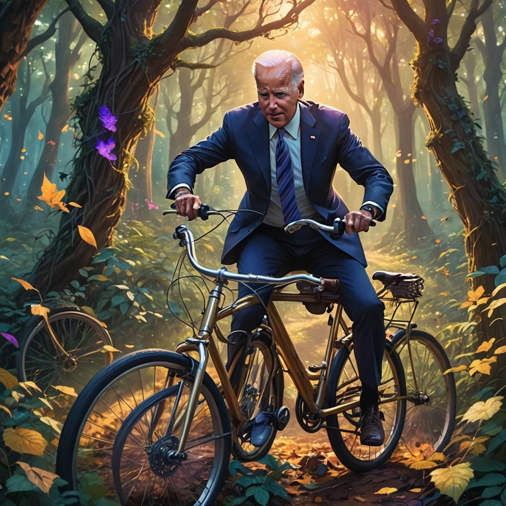 Joe Biden's Whimsical Bicycle Mishap in Mystical Forest