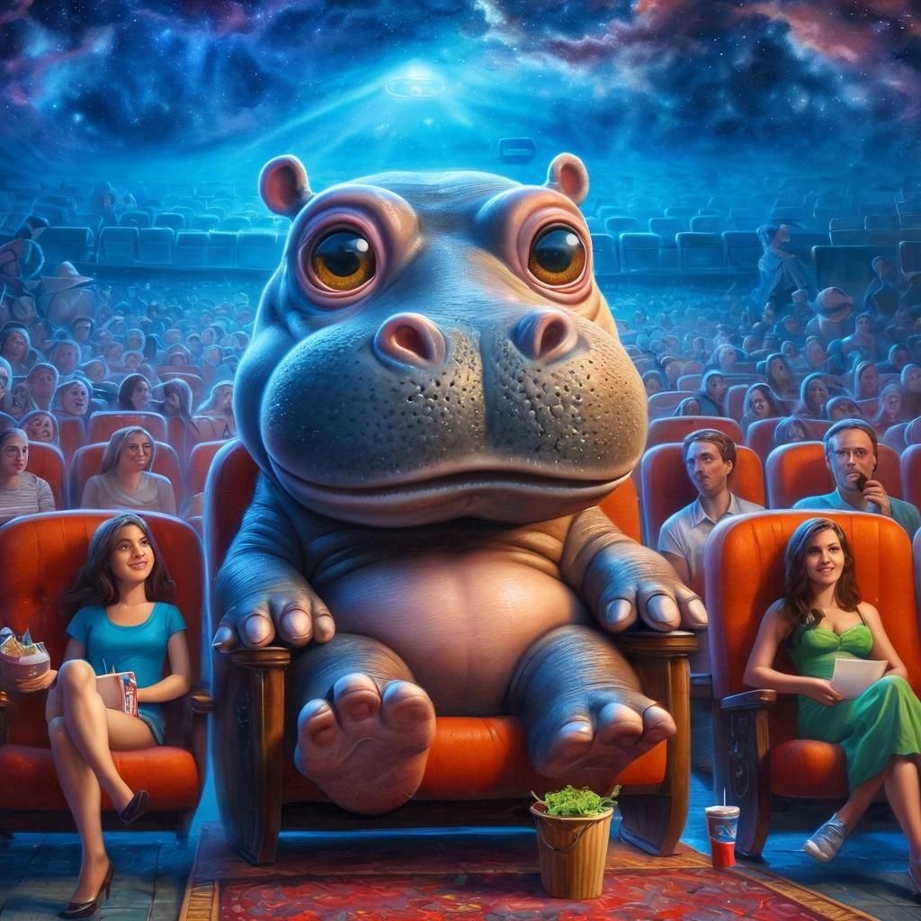 Adorable Hippo's Night at the Movies: Oil Painting