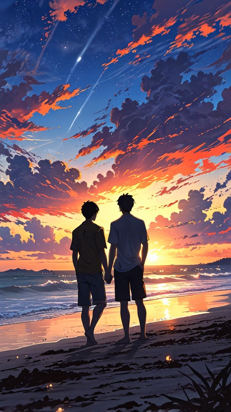 Two souls enjoying the sunset on the beach together. Weather is perfect, only a few clouds in the sky, colors of the sun...
